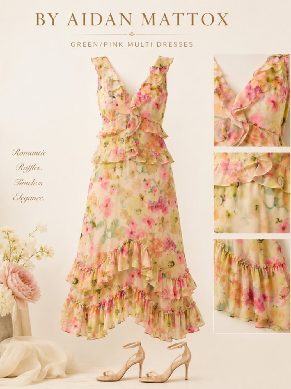 Adrianna Papell Ruffle Trim Multi Colored Sleeveless Gown Luxury Dress NWT